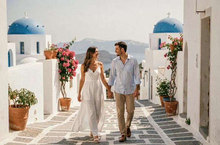 Couple de jeunes mariés se promenant dans les ruelles de Santorin lors de leur lune de miel, en tenue estivale décontractée avec vue sur la caldeira en arrière-plan