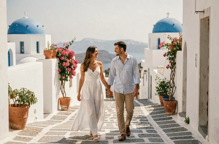Couple de jeunes mariés se promenant dans les ruelles de Santorin lors de leur lune de miel, en tenue estivale décontractée avec vue sur la caldeira en arrière-plan