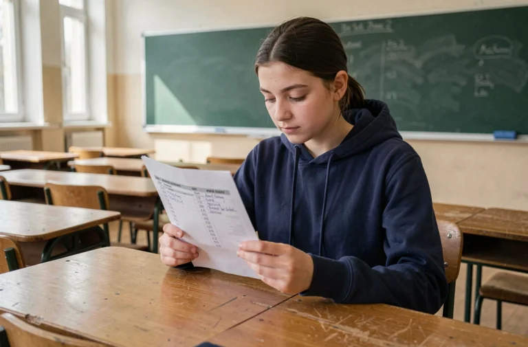 Lycéenne consultant son bulletin scolaire avec une moyenne de 13, assise dans une salle de classe