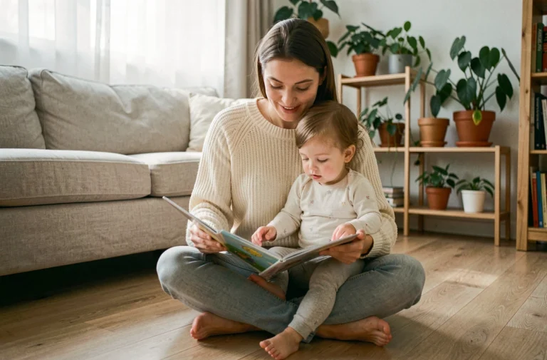 Jeune maman et sa petite fille lisant un livre illustré ensemble sur le parquet d'un salon chaleureux