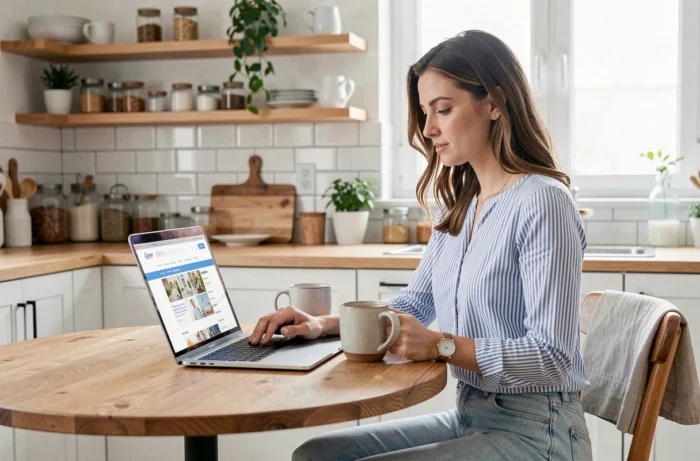 Jeune maman consultant un magazine de parentalité en ligne sur son ordinateur portable dans sa cuisine