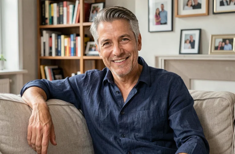Portrait d'un homme souriant dans un salon parisien moderne, illustrant la vie privée et familiale de Marc Toesca