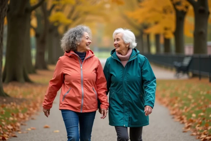 Deux femmes seniors marchant ensemble dans un parc en automne, illustrant l'importance de l'activité physique et du lien social pour la santé après 60 ans