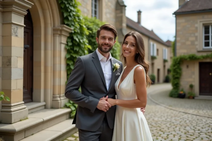 Couple élégant devant une église en pierre française lors d'un mariage traditionnel, symbolisant l'engagement, les valeurs familiales et la culture catholique conservatrice