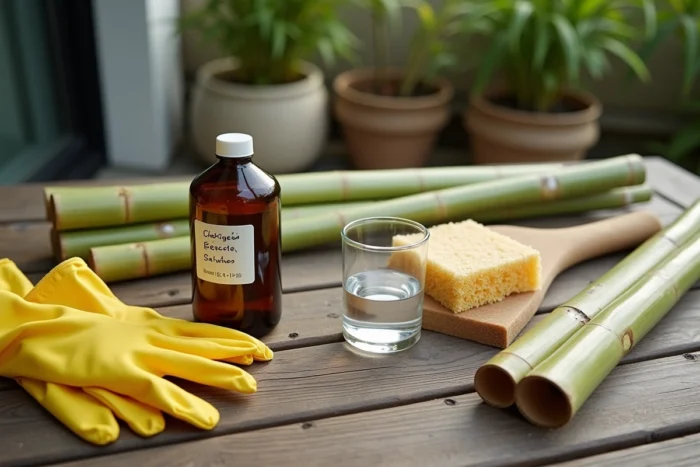 Vue de dessus du matériel nécessaire pour nettoyer et préserver le bambou avec de l'eau de javel diluée