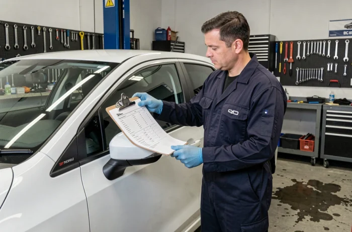 Mécanicien expliquant le niveau de finition SR d'un véhicule dans un garage automobile professionnel