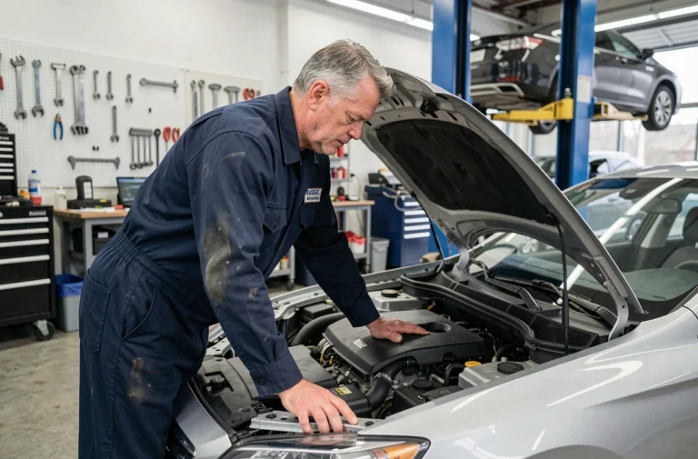 Mécanicien professionnel inspectant le moteur d'une voiture dans un garage automobile bien équipé