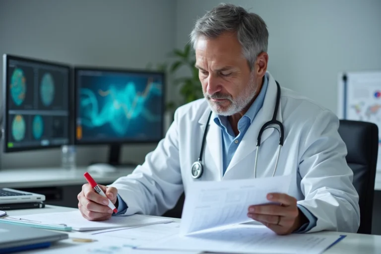 Médecin spécialiste étudiant des recherches médicales sur la maladie de Gilbert et le risque de cancer dans un bureau hospitalier