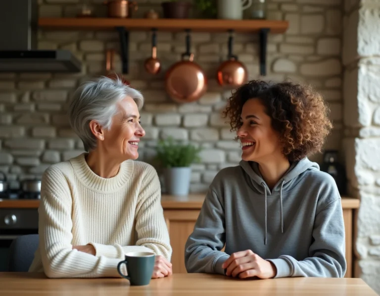Mère et fille discutant chaleureusement dans une cuisine française traditionnelle, relation mère-fille complice et bienveillante