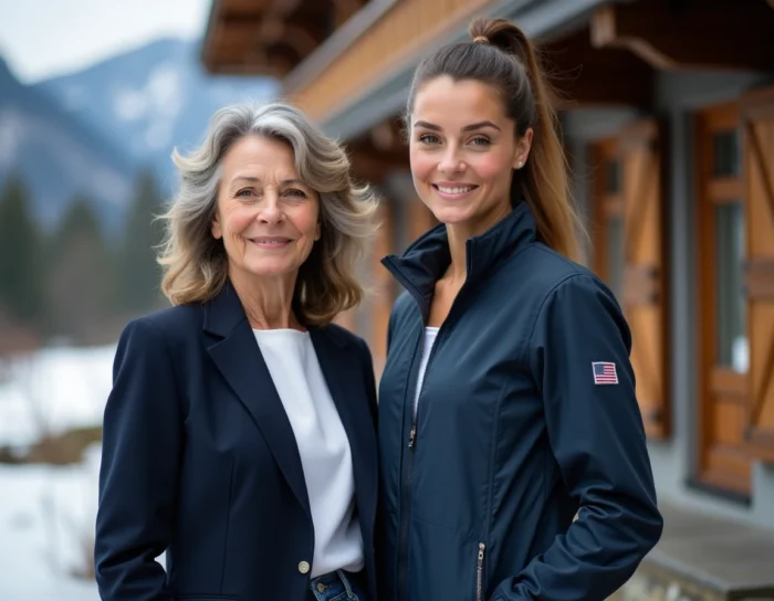 Mère élégante et jeune femme sportive posant ensemble devant un chalet alpin, fierté maternelle et héritage familial montagnard