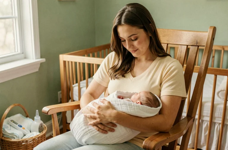 Jeune mère tenant son nouveau-né emmailloté dans une chambre de bébé cosy avec des essentiels de puériculture visibles en arrière-plan