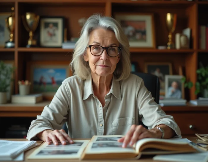 Mère nostalgique consultant des albums de famille et des coupures de presse sportives dans un bureau rempli de souvenirs familiaux