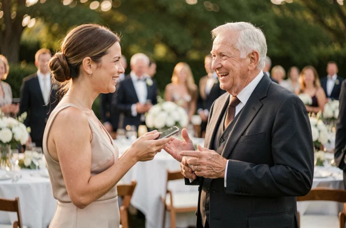 Une témoin filme un micro-trottoir en interrogeant les invités le jour du mariage pour une surprise vidéo
