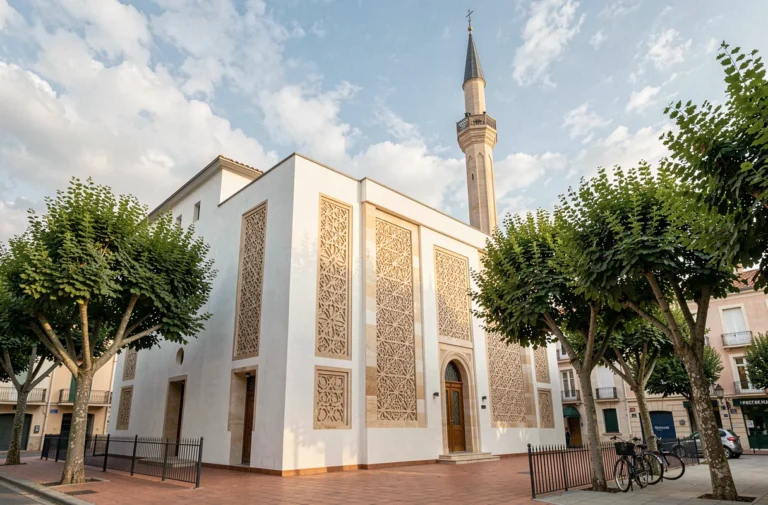 Façade extérieure d'une mosquée contemporaine à Montpellier avec minaret et motifs géométriques arabesques