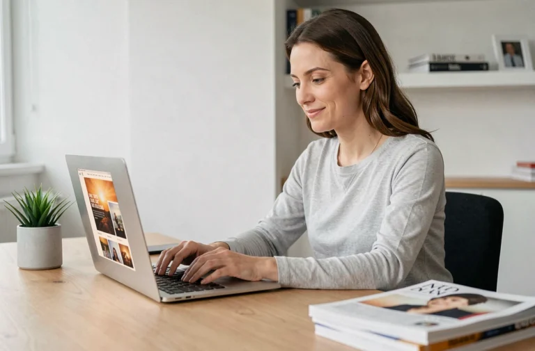 Femme naviguant sur le site L'Annonceur Mag depuis un bureau à domicile moderne