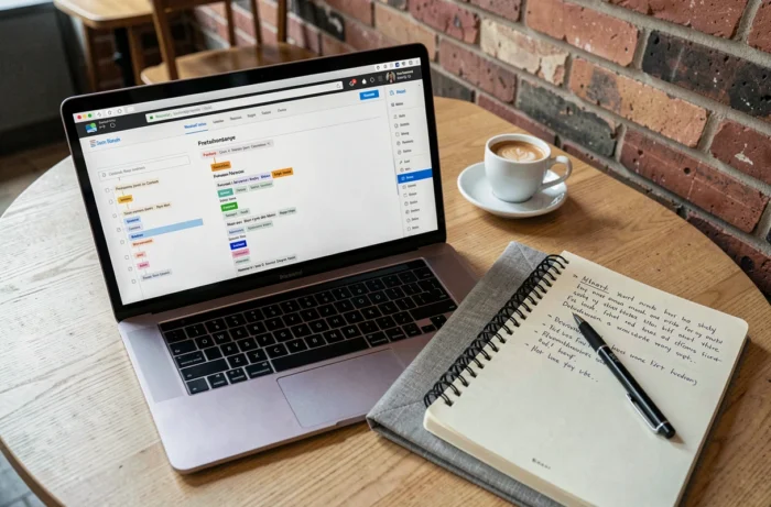 Ordinateur portable affichant un plan de site web posé sur une table de café avec un carnet de notes, illustrant l'organisation et l'utilité de la navigation en ligne