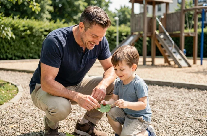 Papa et son fils observant une coccinelle dans un parc lors d'une sortie en famille par beau temps