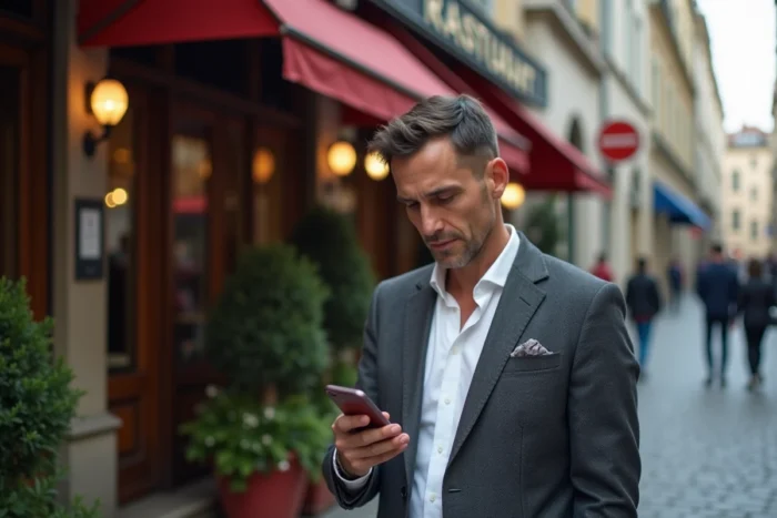 Homme partageant l'adresse d'un restaurant Michelin devant une façade lyonnaise