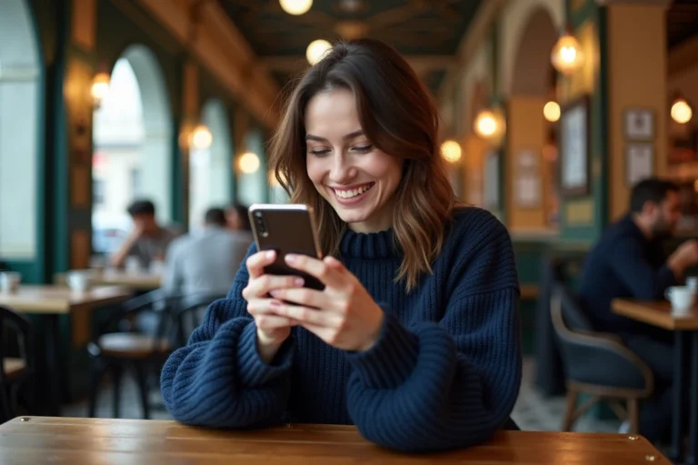 Femme partageant sa position Michelin via smartphone dans un bistro parisien