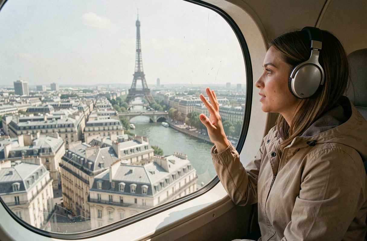 Passagère admirant la vue aérienne de Paris depuis le hublot d'un avion touristique