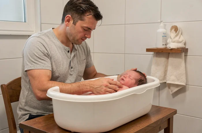 Père donnant le premier bain à son nouveau-né dans une baignoire ergonomique sur une table à langer dans une salle de bain moderne