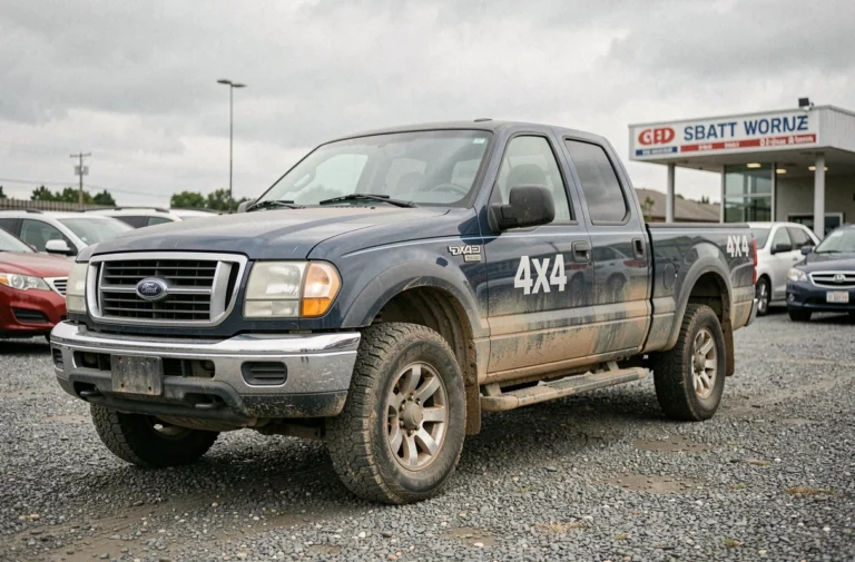 Pick-up 4x4 d'occasion sur un parking de concessionnaire avec traces de boue et légères éraflures sur la carrosserie