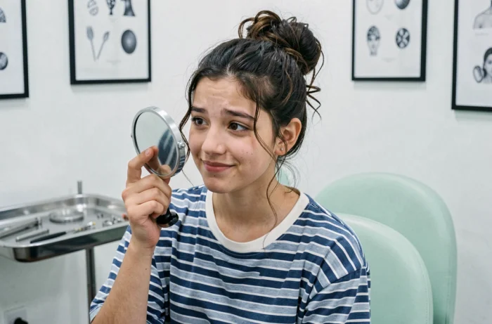 Adolescente découvrant son nouveau piercing au cartilage dans un studio de perçage moderne