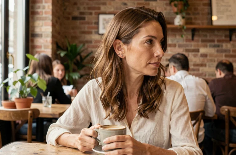 Femme dans la trentaine avec un piercing au cartilage hélix en argent dans un café parisien
