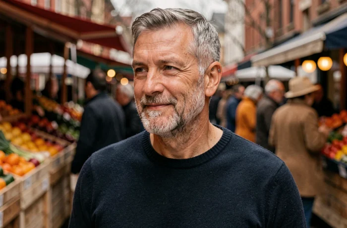 Homme dans la cinquantaine portant un piercing tragus en titane dans un marché urbain en automne