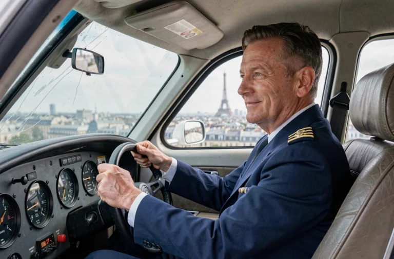 Pilote en uniforme aux commandes d'un petit avion avec vue sur Paris par le cockpit