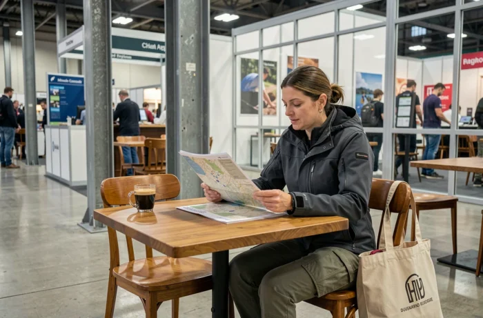 Visiteuse consultant le plan du Salon Moto de Milan pendant une pause café dans le hall d'exposition