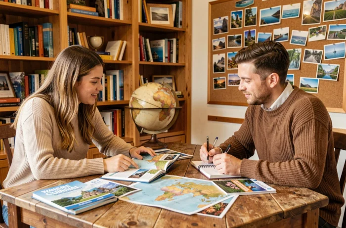 Couple planifiant leur voyage de noce ensemble autour d'une table couverte de guides de voyage et de brochures touristiques dans une atmosphère chaleureuse et décontractée