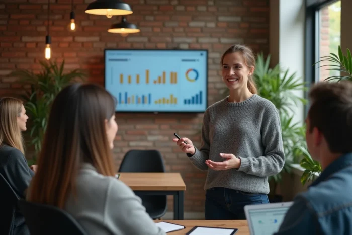 Jeune professionnelle présentant des indicateurs de performance numérique à des collègues dans un espace de coworking au style industriel