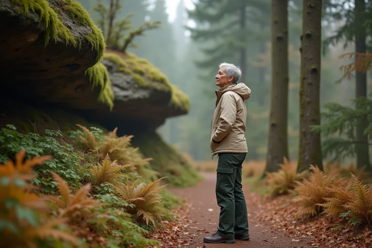 Randonneuse sur un sentier forestier en automne dans le parc de La Petite Pierre, Vosges du Nord