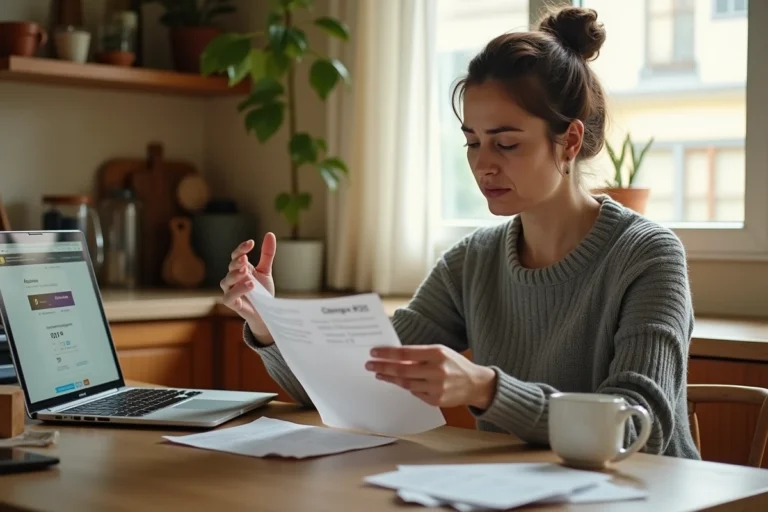 Femme frustrée tenant un avis de livraison UPS devant un ordinateur portable affichant le suivi de colis