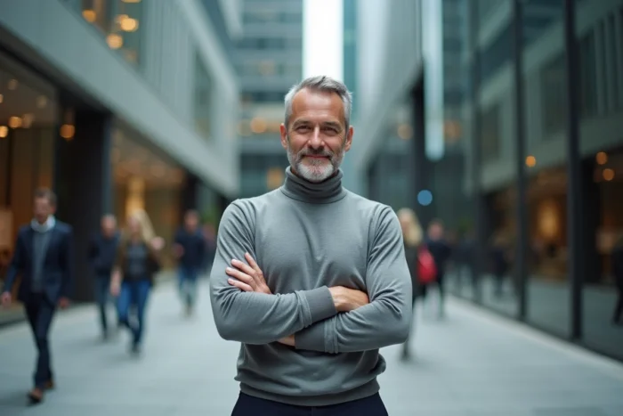 Homme d'affaires à succès devant un immeuble commercial moderne, illustrant la reconversion financière d'un ancien champion sportif