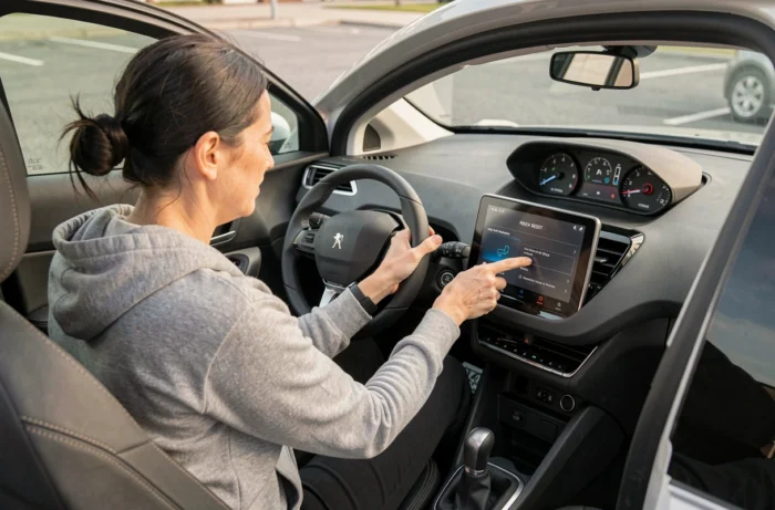 Femme réinitialisant le système TPMS de pression des pneus sur l'écran tactile d'une Peugeot 2008