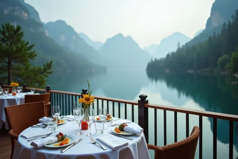 Terrasse d'un restaurant gastronomique au bord du lac d'Aiguebelette avec tables dressées en lin blanc et vue panoramique sur le lac et les montagnes