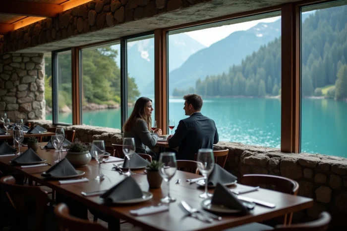 Salle de restaurant gastronomique avec vue sur le lac d'Aiguebelette à travers de grandes baies vitrées, décor en pierre naturelle et couple attablé