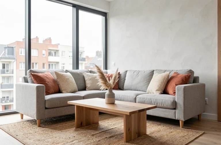 Salon moderne de style scandinave avec canapé en lin gris, table basse en chêne et décoration épurée en 2024