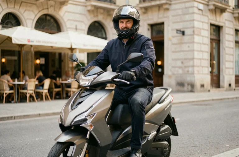 Homme en veste textile sur un scooter 300cc garé en ville, vue trois quarts avant