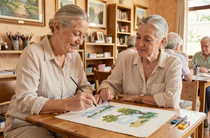 Femme senior participant à un atelier de peinture aquarelle dans un centre communautaire de Nice