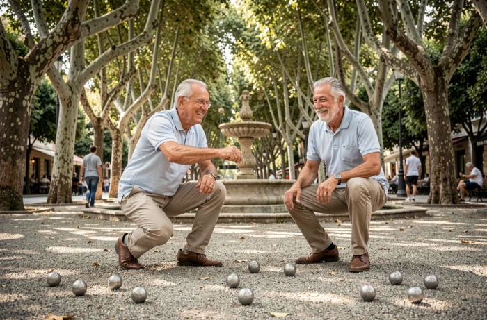 Deux hommes seniors jouant à la pétanque dans un parc ombragé de Nice