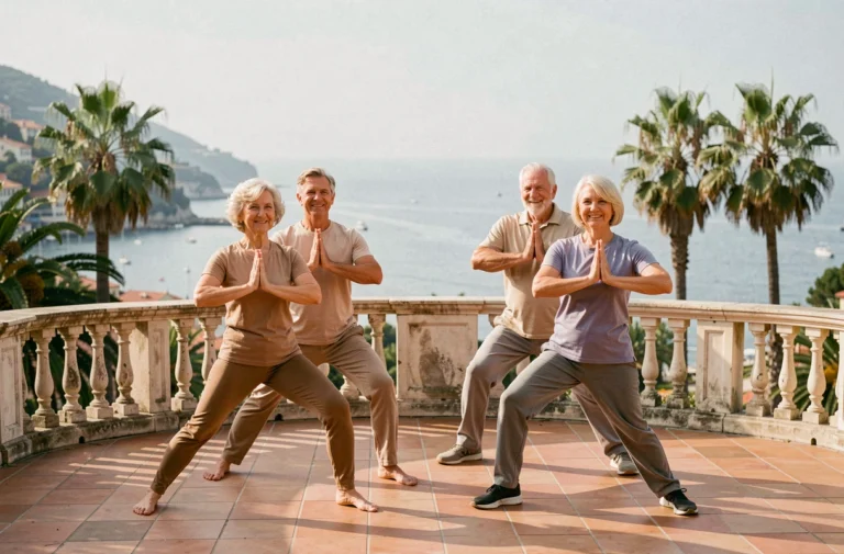 Groupe de seniors pratiquant le yoga en plein air sur une terrasse avec vue sur la mer à Nice