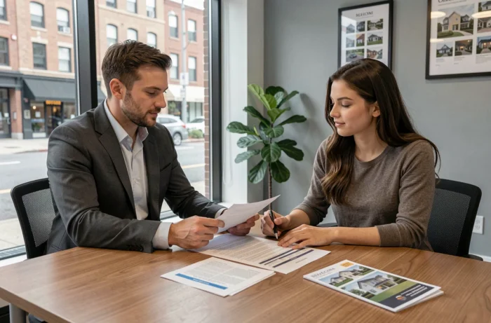 Agent immobilier et cliente signant un contrat de location dans une agence immobilière moderne