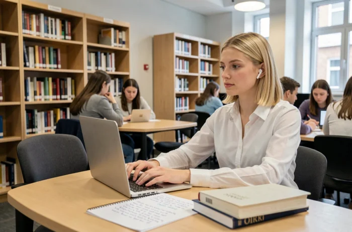 Étudiante en bibliothèque publique suivant un cours de soutien scolaire en ligne avec un ordinateur portable et des écouteurs