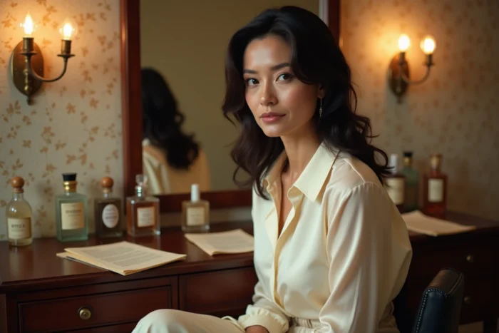 Femme de style vintage dans une loge de cinéma classique entourée de flacons de parfum et d'accessoires de star hollywoodienne