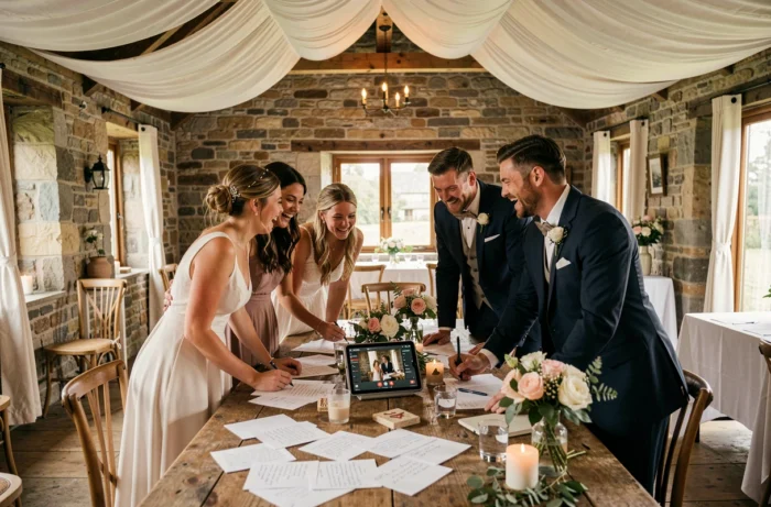 Des témoins de mariage réunis autour d'une table pour organiser des surprises inoubliables pour les mariés