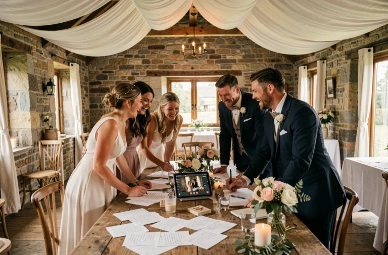Des témoins de mariage réunis autour d'une table pour organiser des surprises inoubliables pour les mariés