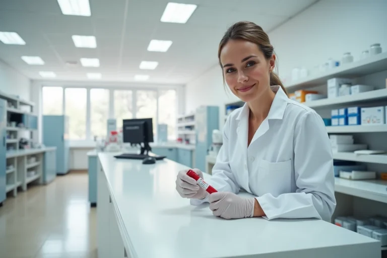 Technicienne de laboratoire médical étiquetant un tube d'analyse sanguine au comptoir d'un laboratoire moderne au Cannet des Maures